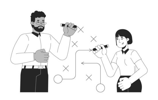 colaborativo problema resolviendo a trabajo negro y blanco 2d ilustración concepto. objetivo ajuste. dos compañeros de trabajo lluvia de ideas, estratégico planificación contorno caracteres aislado. metáfora monocromo Arte vector