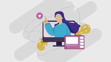 a woman is pointing at a computer screen with a mouse vector