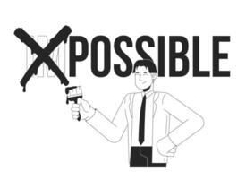 Transforming impossible to possible black and white 2D illustration concept. Workplace motivation. Overcoming career challenges. Employee outline character isolated. Metaphor monochrome art vector