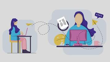 a woman is sitting at a desk with a laptop and a paper airplane vector