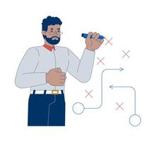 African american businessman designing strategy with flowchart 2D cartoon character. Decision-making business black man isolated person flat on white background. Spot illustration colorful vector
