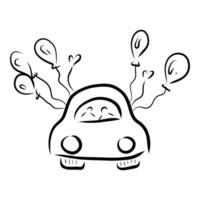 Hand drawn car with two people inside and balloons from windows, whimsical doodle drawing vector