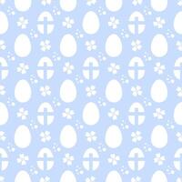 Seamless pattern with Easter eggs, a cross, and spring flowers. White and blue color. A simple abstract decorative template for celebrating the Easter holiday. Print for textiles, packaging vector