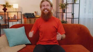 Excited happy man surprised, shocked by sudden victory, good win news, celebrating, wow reaction video