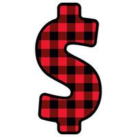 Alphabet number punctuation mark font, red lumberjack plaid pattern for dollar sign vector
