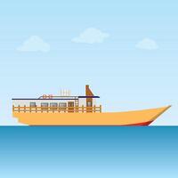 A serene illustration depicts a small yellow boat gently floating on calm blue waters under a light blue sky. Simple yet captivating. vector