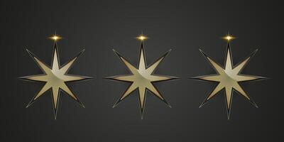 Three luxury of eight points golden star with smooth, a radiant, eight-pointed golden star with a polished metallic finish, set against a dark gradient background vector