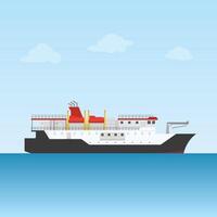 A simple illustration of a cargo ship sailing on a calm sea under a clear sky. The vessel's clean lines and minimalist design create a serene and peaceful mood. vector