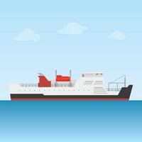 A minimalist illustration depicts a serene white ferry boat gliding peacefully across a calm ocean under a light blue sky. Simple, clean lines create a tranquil mood. vector
