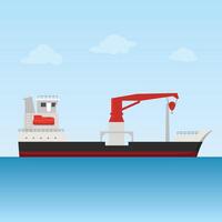 A minimalist cargo ship floats serenely on calm blue waters under a pale sky. Its red crane is a striking detail against the clean lines of the vessel vector