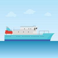 A serene teal ship sails calmly on a tranquil ocean under a pale blue sky. Simple design, peaceful mood. vector