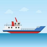 A simple illustration of a red and white ship calmly sailing on a clear blue sea under a pale sky. The minimalist style vector