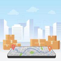 Delivery service boxes. Online app tracking city background vector