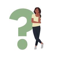 Woman Standing and Thinking Beside a Question Mark. vector