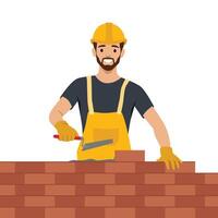 Smiling Builder Working on a Brick Wall. vector
