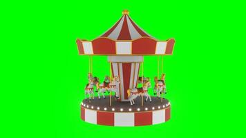 looped 3d carousel with red and white stripes on green screen. animation of carousel with horses video