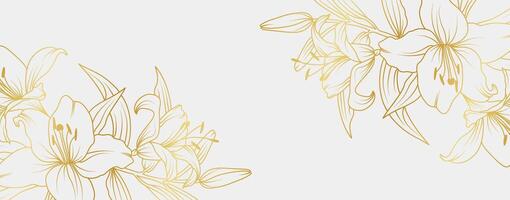 Luxury gold lily flower background. Floral pattern tropical in line art style for greeting, invitation, wedding card, wall art, wallpaper and print illustration vector