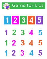 Game for the development of logic for preschool kids. Find a match by color number and card. Preschool worksheet activity. vector