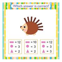 Math activity for kids. Need to find the correct answer. illustration of cartoon hedgehog. vector