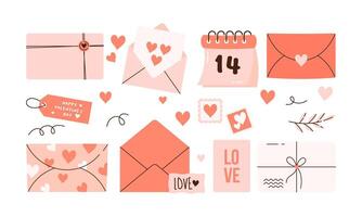 Set of Envelopes and Love Letter Stickers. Romantic Open and Closed Envelopes with Various Elements Flat Hand Drawn Illustration vector