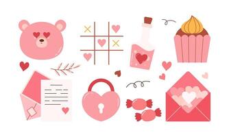 Set of Cute Flat Hand Drawn Pink and Red Valentine's Day Elements Collection Illustration. vector