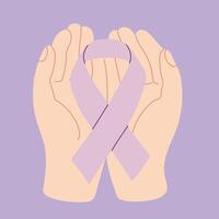 Illustration of two hands gently holding a lavender awareness ribbon, symbolizing support and care. The background is a soft lavender shade. vector