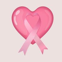 Pink heart with a glossy finish featuring a pink awareness ribbon in the center, symbolizing breast cancer awareness and support. vector