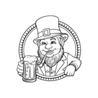Happy Leprechaun with Beer and Pipe, Ready for Coloring vector