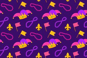 Seamless pattern featuring masks, beads, hats, and festive symbols vector