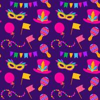 Seamless Mardi Gras pattern with colorful masks beads and maracas on a dark background vector
