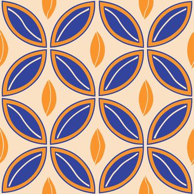 Abstract Geometric Seamless Pattern Blue, Orange, Leaf Motifs