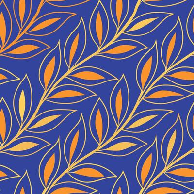 Elegant Blue Gold Orange Leaf Branch Pattern Design Textile
