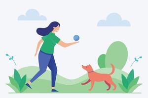 Woman Playing Fetch with Dog in a Park Joyful Outdoor Activity vector