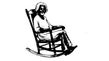The animation forms a sketch of a grandmother icon sitting in a rocking chair video