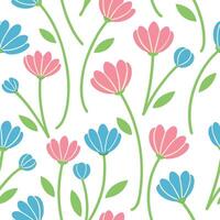 A repeating pattern of stylized pink and blue flowers with green stems and leaves on a white background. Simple, cute floral design. vector