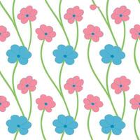 Stylized pink and light blue flowers on green stems create a repeating pattern against a white background. Simple, charming, and perfect for various applications. vector