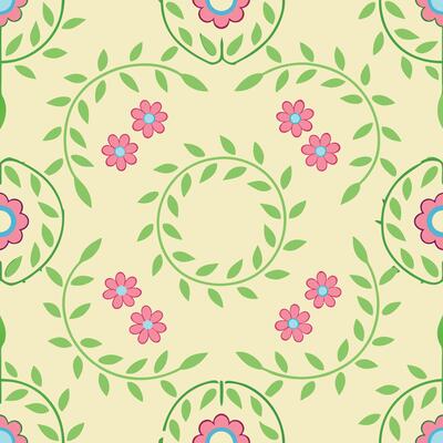 Pastel Floral Pattern Green Vines, Pink Flowers, Leaf Wreaths