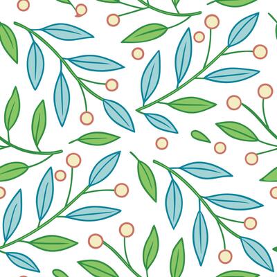 Seamless Teal Green Leaf Berry Branch Botanical Pattern Design