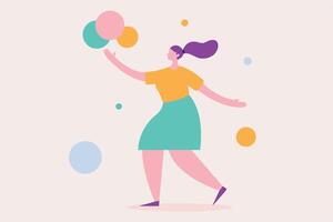 Woman Playing with Colorful Balls, Abstract Design, Joyful Movement, Creative Play, Modern Art Illuis vector
