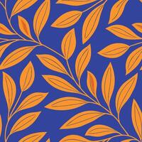 Orange Leaf Branch Pattern Blue Background, Botanical Design, Autumnal Theme, Seamless Repeat, Nature vector