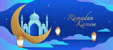 Ramadan Kareem Crescent Moon with Illuminated Mosque and Lanterns vector