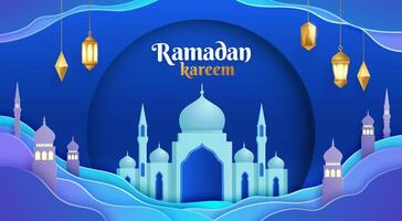 Ramadan Kareem Illuminated Mosque and Golden Lanterns vector