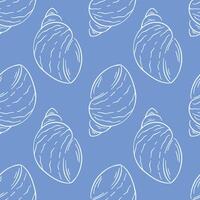 Seamless seashell line art pattern on a blue background. Elegant nautical design perfect for textile, wallpaper and summer themed projects. vector