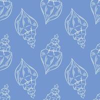 Seashell seamless pattern in line art style. Undersea repeat texture on blue background. Summer design for textile fabric design, restaurants. illustration on a white background. vector