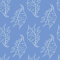 Seamless line art style pattern with decorative seashell on a blue background. Perfect for marine themed design, fabric, wallpaper, and summer projects. vector