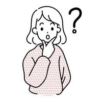 Minimalist duotone illustration of a curious girl in a polka-dot sweater with a question mark. Simple kawaii style , perfect for educational or problem-solving concepts. vector