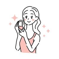 Minimalist duotone illustration of a beautiful young woman smiling and looking at the mirror. Simple kawaii line art. vector