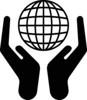 Globe in the hand icon . Hands holding globe earth web icon . Human protect environmental nature symbol vector