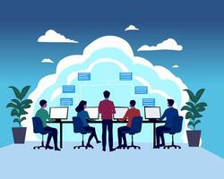 A team of professionals collaborating in a modern office setup, working on cloud-based technology. The digital cloud represents online data storage, sharing, and connectivity vector