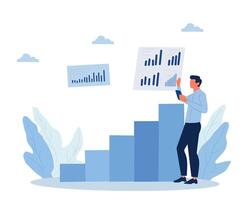 Illustration of a business team analyzing data and creating a strategic plan. Professionals collaborate using charts and graphs to achieve company goals. Concept of teamwork and growth vector